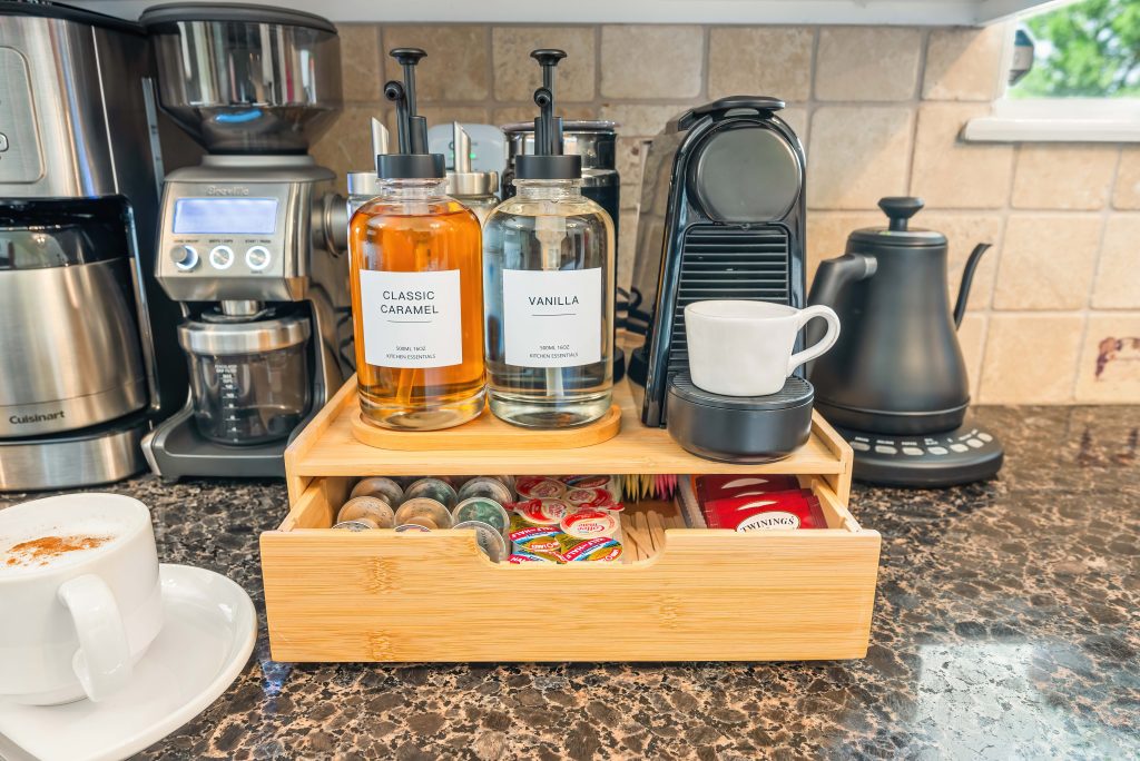 Coffee bar with syrups and all the fixings.